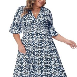 Agnes Orinda V Neck Bell Sleeve Ruffled Hem Boho ALine Long Dress 1X